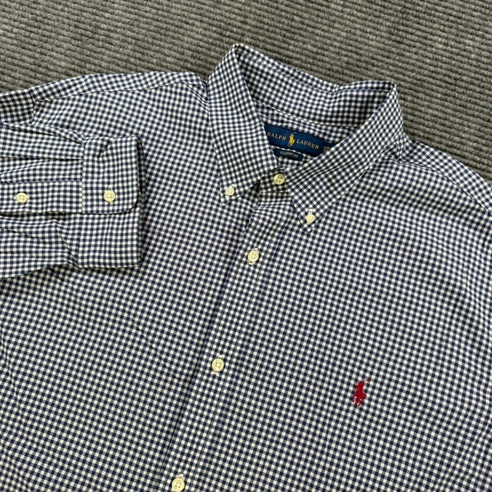 Ralph Lauren Mens XXL Gingham Button Down Shirt Navy Blue White Classic Fit 2XL